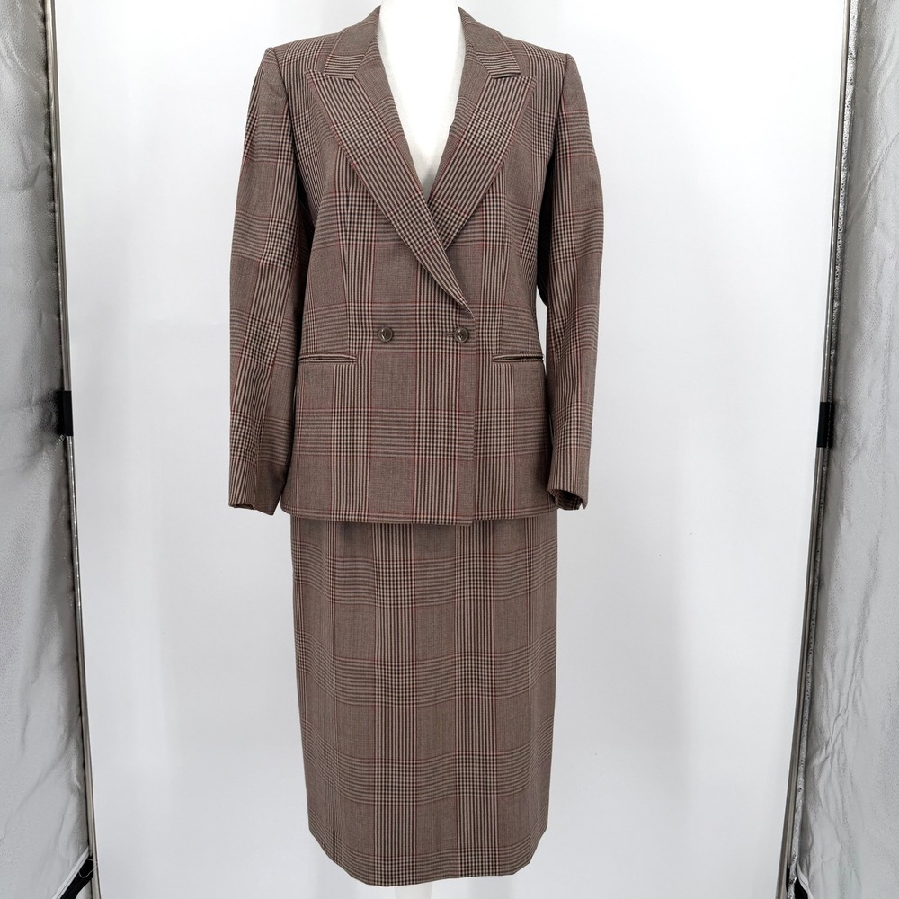 Austin Reed Vintage 100% Wool Glen Plaid Skirt Suit Set Brown UK 10 US 6